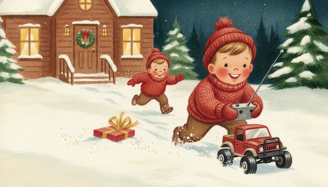 A grinning boy in a red knit hat and sweater steers a red remote-control off-road truck through the snow in front of a snowy cabin with a wreath on the door, while a smaller boy runs behind him past a wrapped gift with a gold bow