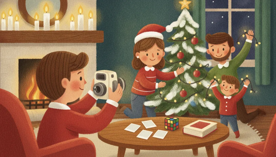 A 12-year-old in a red sweater takes a picture with an instant camera while a mother in a Santa hat, a father and a little brother hang lights on the Christmas tree, with fresh instant photos, a puzzle cube and a book on the coffee table
