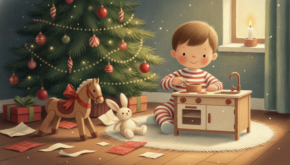 A toddler in red-and-white striped pajamas stirs a pot at a small wooden play kitchen on a fluffy white rug, beside a wooden rocking horse with a red bow, a white plush bunny and a decorated tree