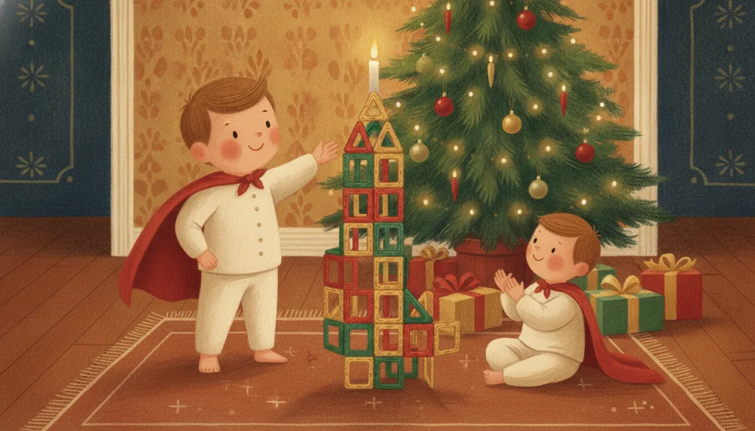 Two children in cream pajamas and red capes, one standing and one sitting, beside a tall tower of red, green and gold magnetic tiles near a decorated tree and wrapped gifts