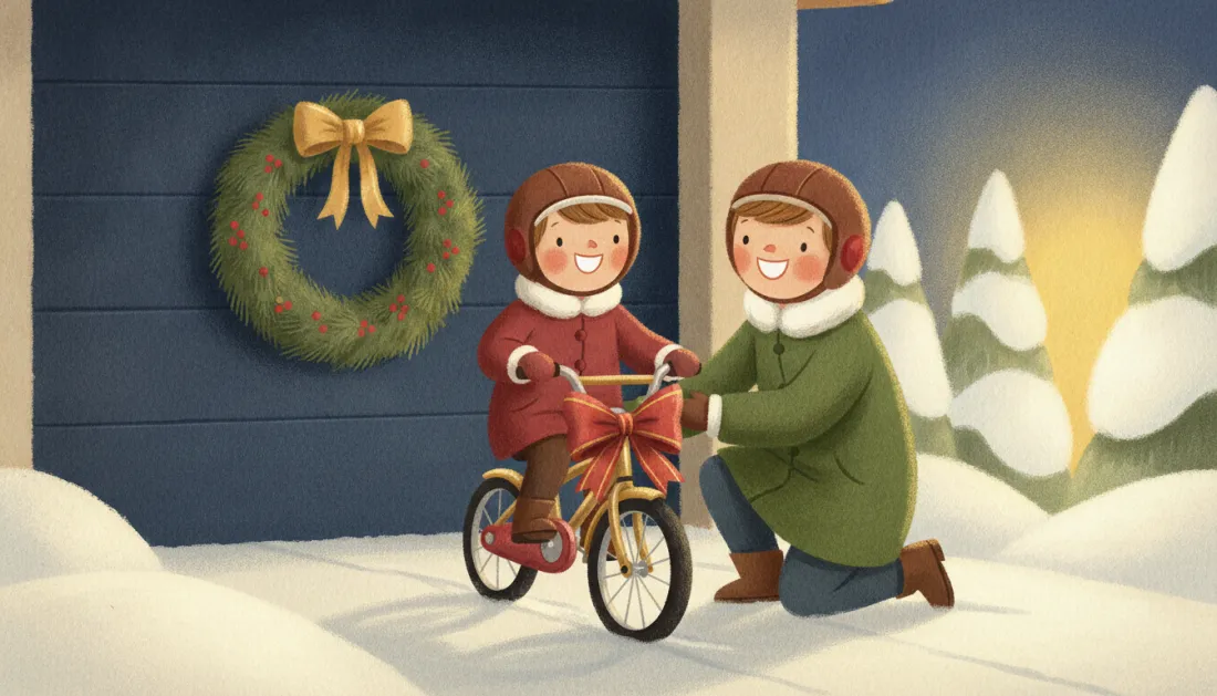 A child in a red coat and a brown helmet sits on a small gold bike with a big red bow on the handlebars while a grown-up in a green coat kneels to steady it, in front of a blue garage door hung with a wreath, with snowy pines and a low winter sun