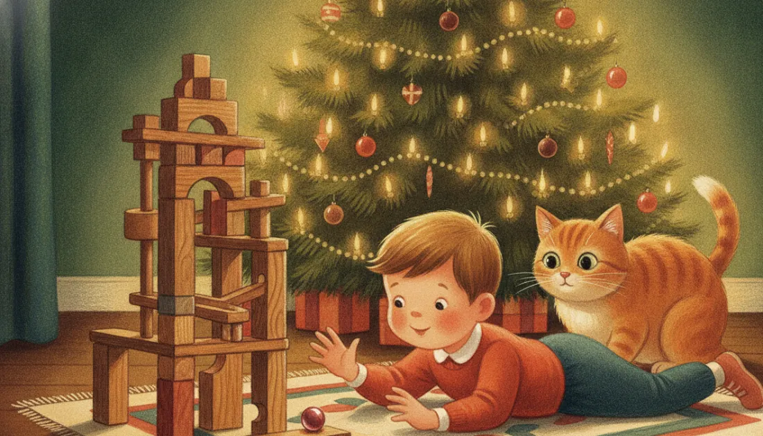 A boy in a red sweater lies on a patterned rug and reaches for a red marble at the foot of a tall wooden marble tower, while an orange tabby cat watches beside a candlelit Christmas tree hung with red ornaments