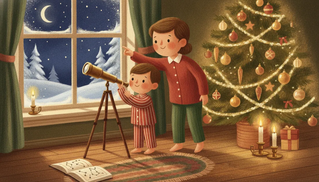 A grown-up in a red top points out the window at a crescent moon while a small boy in striped pajamas looks through a brass telescope on a wooden tripod, beside a glowing Christmas tree, lit candles and an open book of star charts on a braided rug
