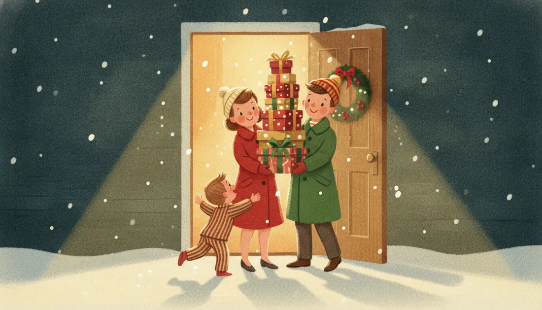An aunt in a red coat and an uncle in a green coat stand in a glowing doorway on a snowy night holding a tall stack of wrapped gifts, while a small boy in striped pajamas runs to hug them
