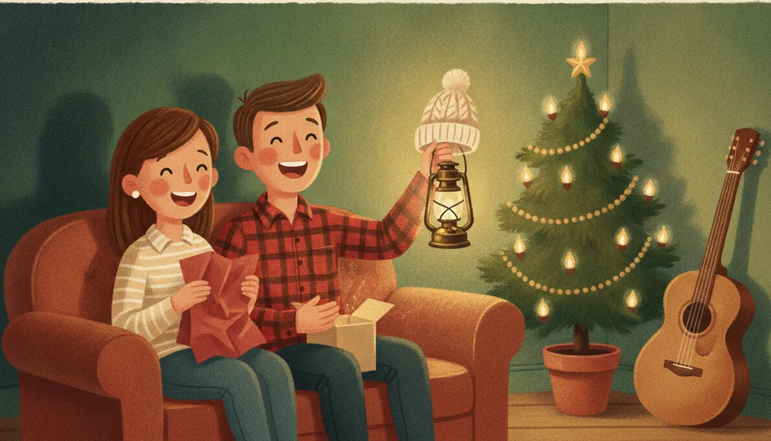 A laughing man in a red plaid flannel shirt holds up a cream knit pom-pom beanie and a brass lantern beside a smiling woman in a striped sweater with red wrapping paper, on a rust-colored sofa with an open gift box, a small tree with candle lights and an acoustic guitar against the wall