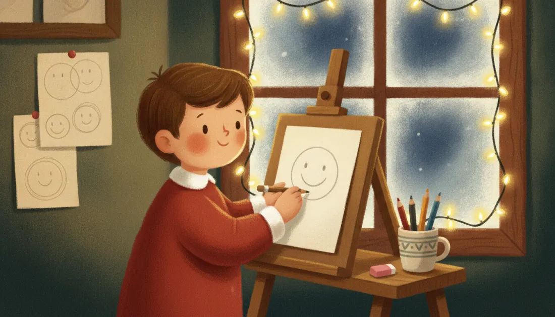 A little boy in a red sweater draws a smiling round face on paper at a wooden easel by a frosty window strung with fairy lights, with a cup of colored pencils, an eraser and more circle-face drawings pinned to the wall