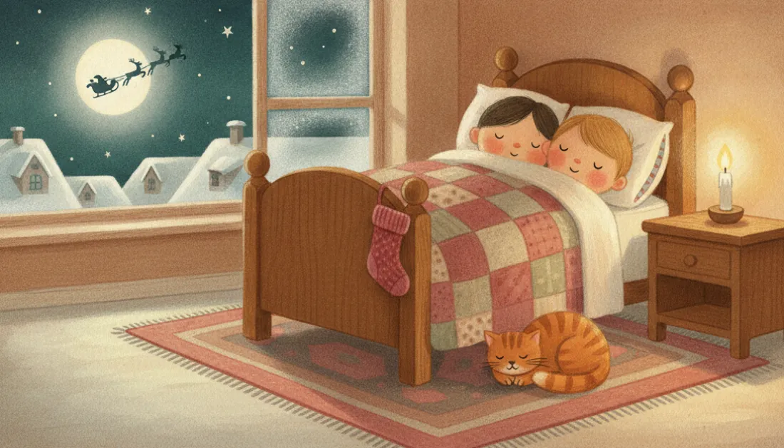 Two children asleep under a patchwork quilt in a wooden bed, a red stocking hanging from the bedpost and an orange cat curled on the rug, while through the frosty window a sleigh and reindeer fly across the full moon over snowy rooftops