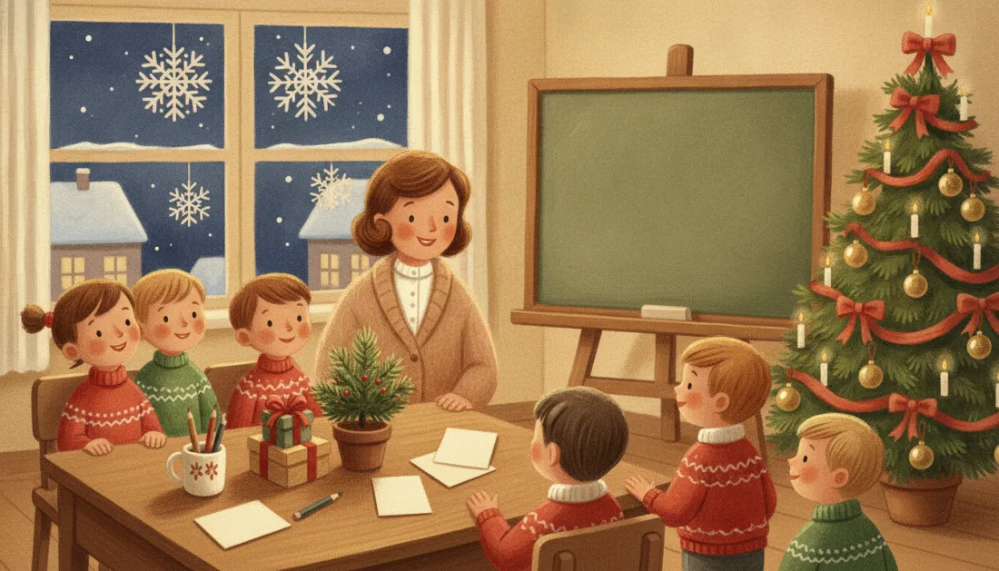 A smiling teacher in a cardigan stands at a table of children in Christmas sweaters, with a chalkboard on an easel, paper snowflakes on the snowy window and a Christmas tree trimmed with red bows and candles