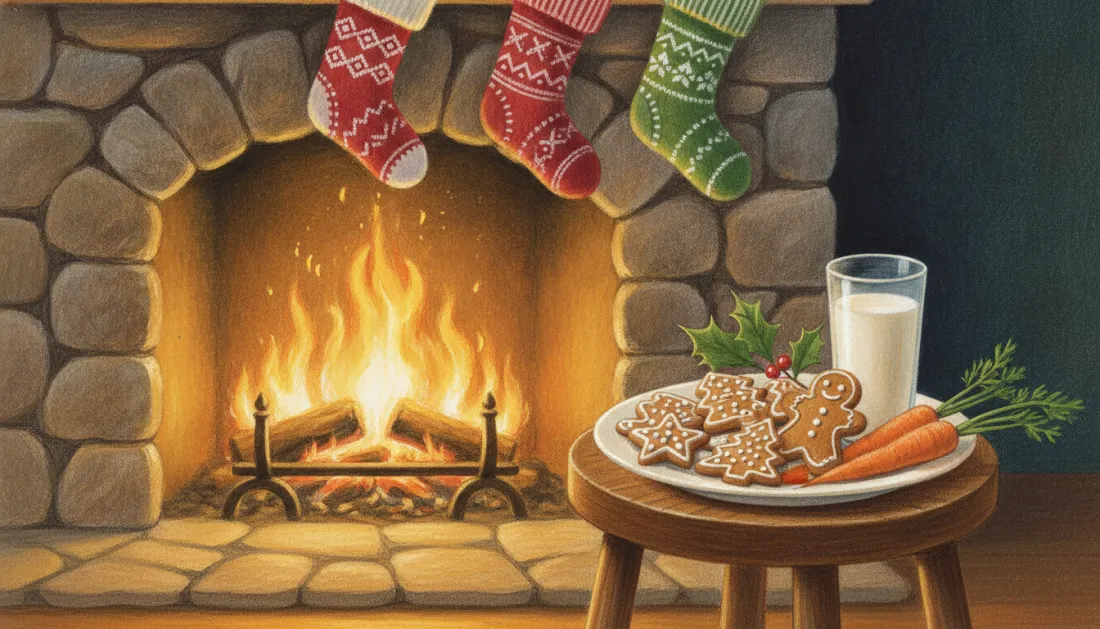 A plate of iced star and gingerbread-man cookies with a sprig of holly, a tall glass of milk and two carrots on a wooden stool beside a crackling stone fireplace, with three knitted stockings hanging above