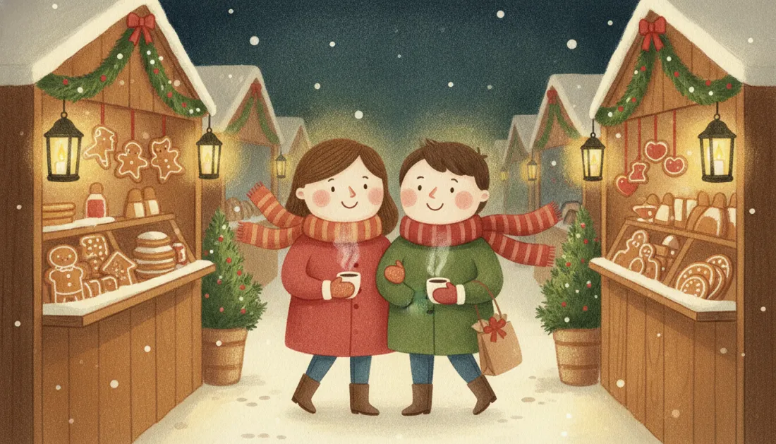 A couple in red and green coats and striped scarves hold steaming cups between gingerbread-trimmed market stalls hung with lanterns, as snow falls