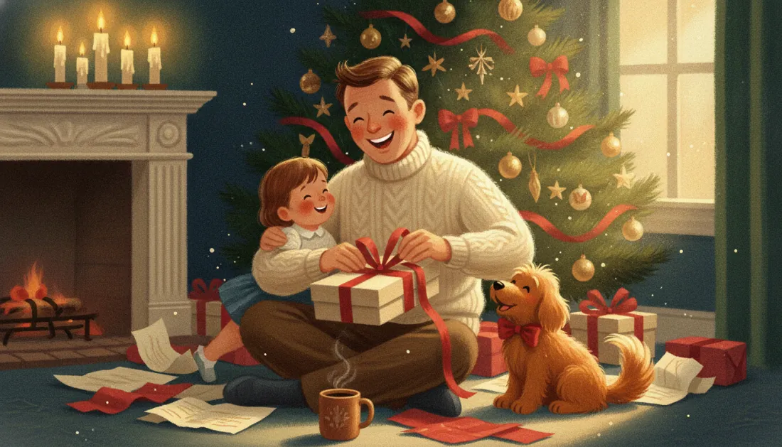 A smiling dad in a cream cable-knit sweater sits on the floor by the Christmas tree untying a red ribbon on a gift box, with his young daughter hugging his shoulder, a golden puppy in a red bow, a steaming mug, torn wrapping paper and candles on the mantel
