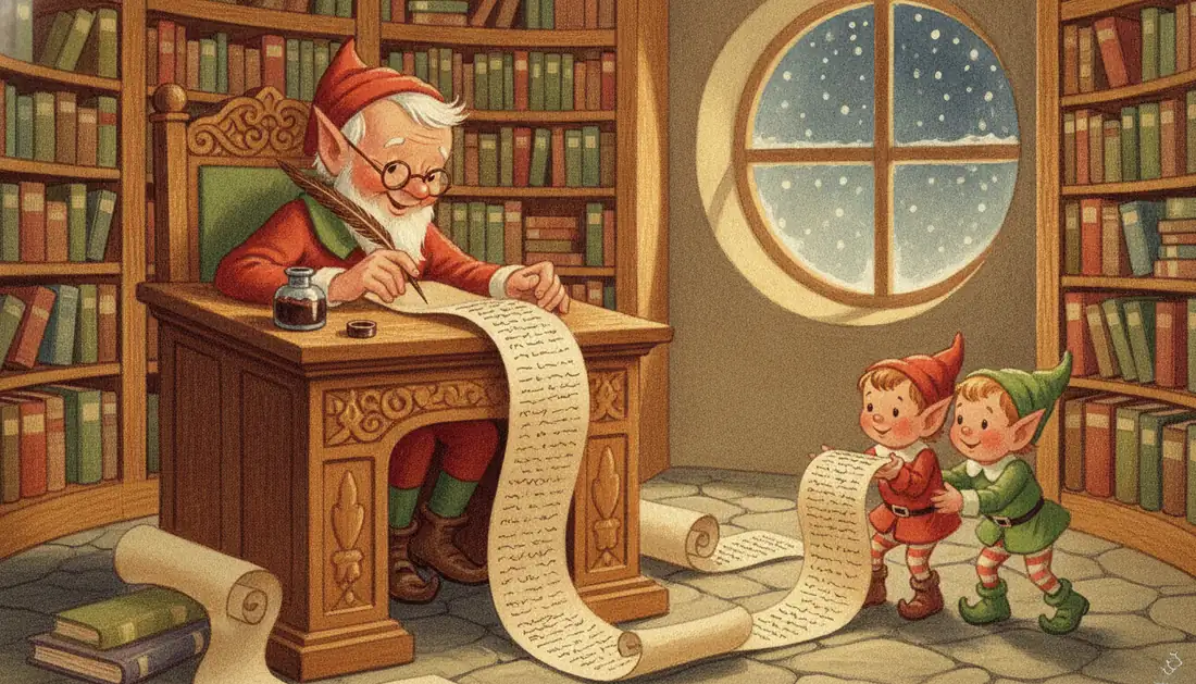 An old elf in round spectacles writes on a long paper scroll with a quill at a carved desk, while two young elves hold up the end of the list