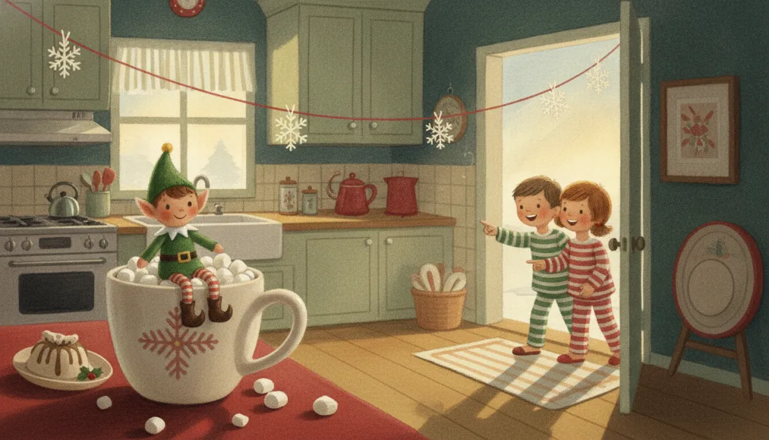 A toy elf in a green pointed hat and striped stockings sits in a giant mug of marshmallows on a kitchen table while two children in striped pajamas laugh and point from the doorway