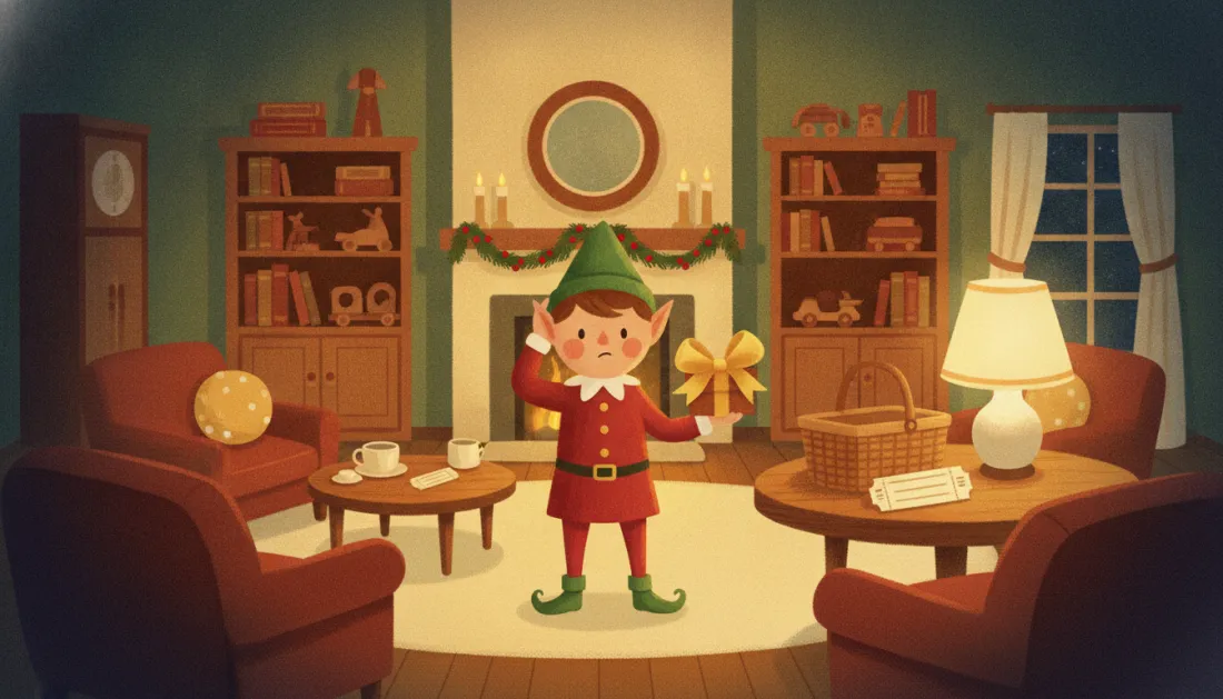 A puzzled elf in a red suit and green hat scratches his head while holding a gift with a gold bow, in a cozy living room with shelves of books and wooden toys, red armchairs, a fireplace hung with garland, a grandfather clock, a glowing lamp and a picnic basket