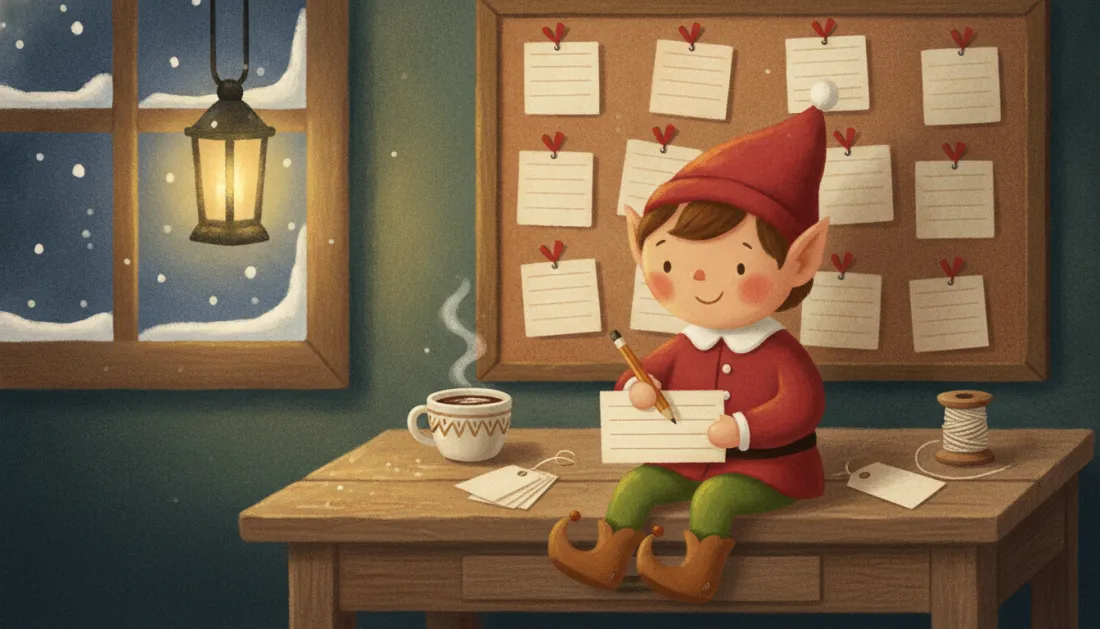 An elf in a red pointed hat sits on a wooden desk writing on a notepad, with a board of pinned paper notes behind him, a mug of cocoa, gift tags and a lantern by a snowy window