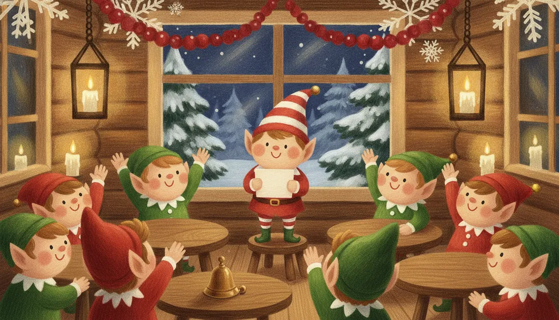 An elf in a striped hat stands on a stool reading from a sheet of paper while the elves around the room cheer