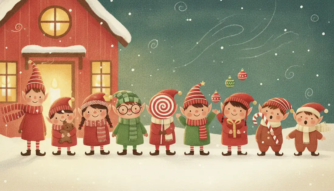 Nine elves in striped hats and scarves stand in a row in the snow outside a glowing red cabin, holding a teddy bear, a swirl lollipop, a present and a candy cane, while the last elf sings