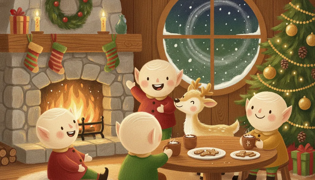 Four elves laugh around a table of hot cocoa and gingerbread cookies by a stone fireplace, with a young reindeer, stockings on the mantel and a decorated tree