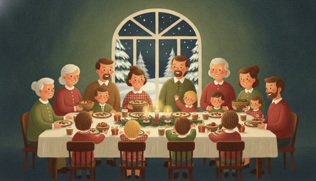 A big family of grandparents, parents and children sits around a long candlelit dinner table with a pine garland, under an arched window full of snowy trees