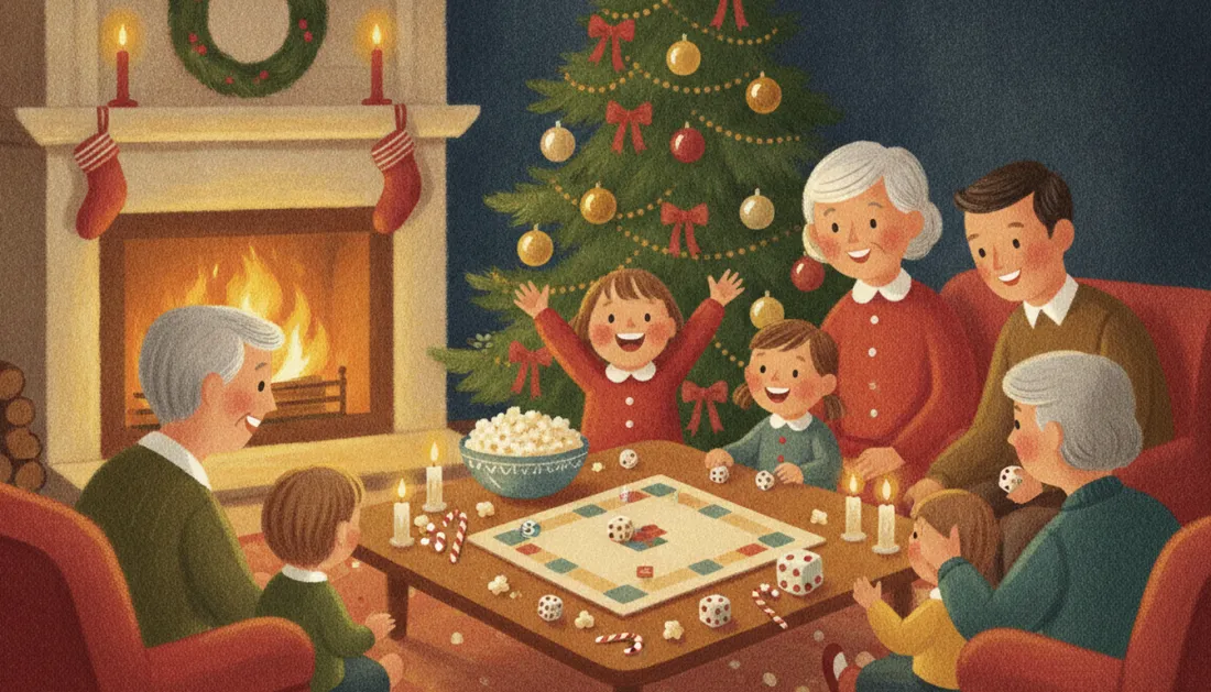 Three generations play a board game with dice and a bowl of popcorn by the fire, while a little girl cheers with both arms up in front of the Christmas tree