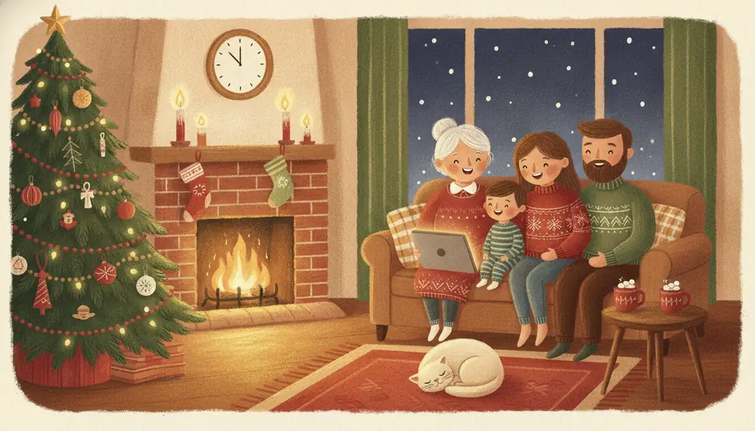 A grandmother, a young woman, a small boy and his dad laugh together on the sofa during a video call by the Christmas tree