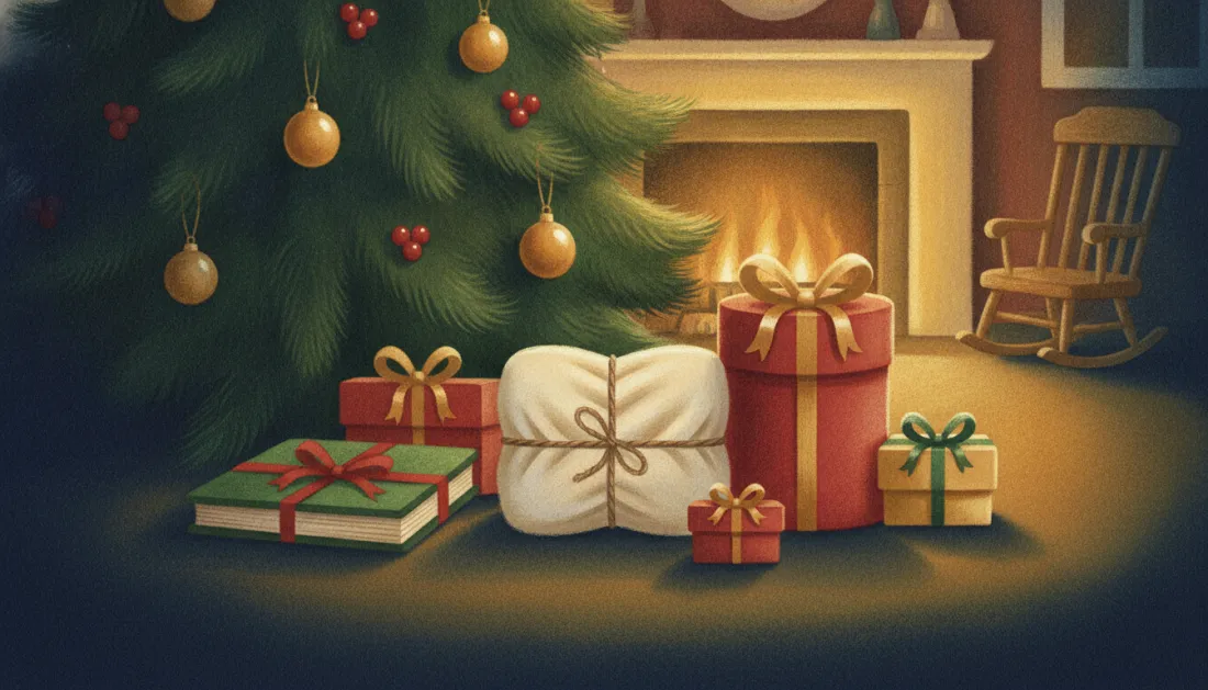 Wrapped presents in a row under a Christmas tree at night: a green book-shaped gift, a cloth bundle tied with twine, a tall red box with a gold bow and a few small boxes, with a fire glowing in the hearth and an empty rocking chair beside it