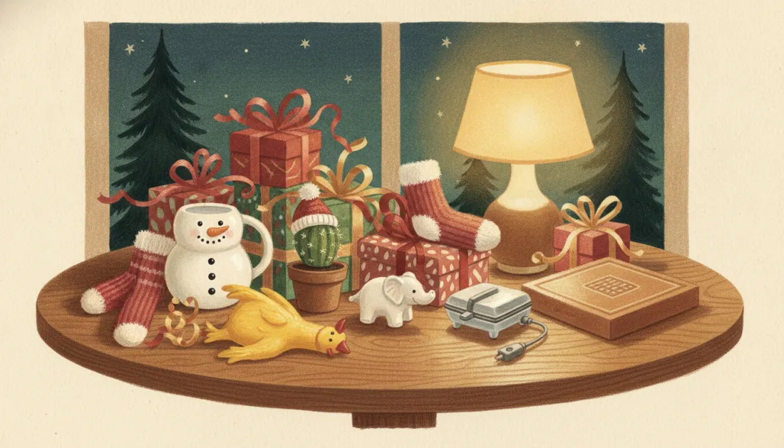 A wooden table by a frosty window holds a snowman mug, red and white socks, a cactus in a Santa hat, a rubber chicken, a little white elephant figure, a waffle maker and a stack of wrapped gifts