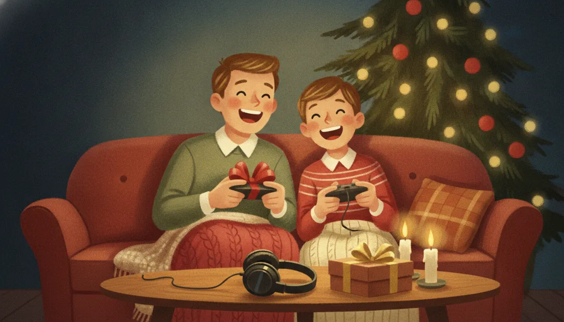 A dad and his teenage son laugh on a red sofa by a lit Christmas tree, each holding a game controller, one still tied with a red bow, with over-ear headphones, a gold-ribboned gift box and two candles on the coffee table