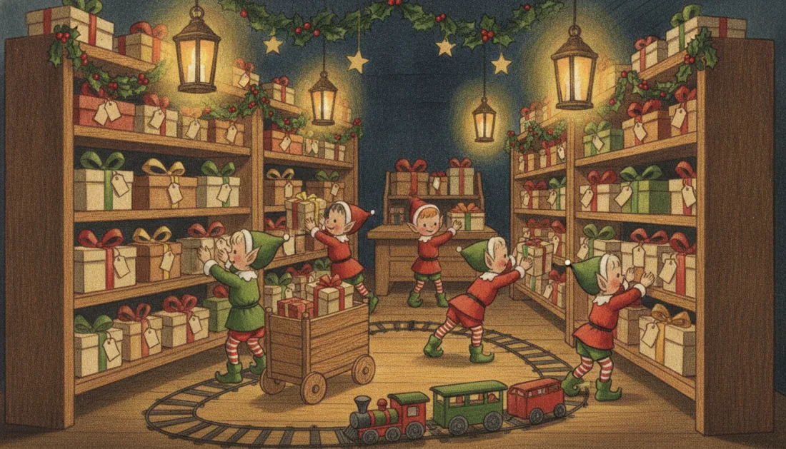 Elves in red and green sort tagged, ribboned gift boxes onto tall wooden shelves under lanterns and a holly garland, while one pushes a wooden cart and a toy train circles the floor