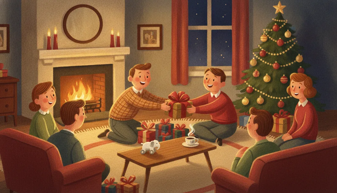 Friends in sweaters sit around a living room by a crackling fire and a decorated tree while two of them tug at the same red-ribboned gift, laughing, with more wrapped presents and a toy elephant on the coffee table