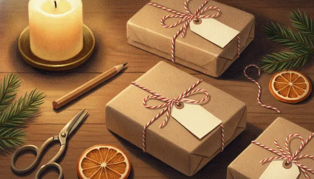 Brown paper presents tied with red and white twine