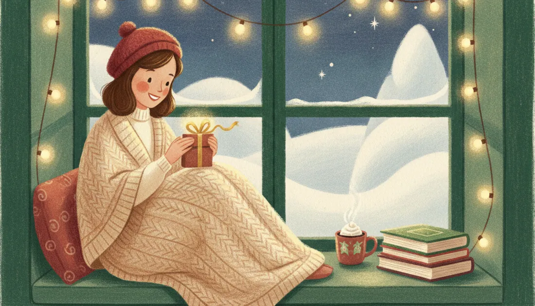 A young woman in a red knit beret, wrapped in a cream cable-knit blanket on a green window seat, holds a small red gift with a gold bow, with string lights around a window of snowy hills and stars, a mug of cocoa topped with cream and a stack of books beside her