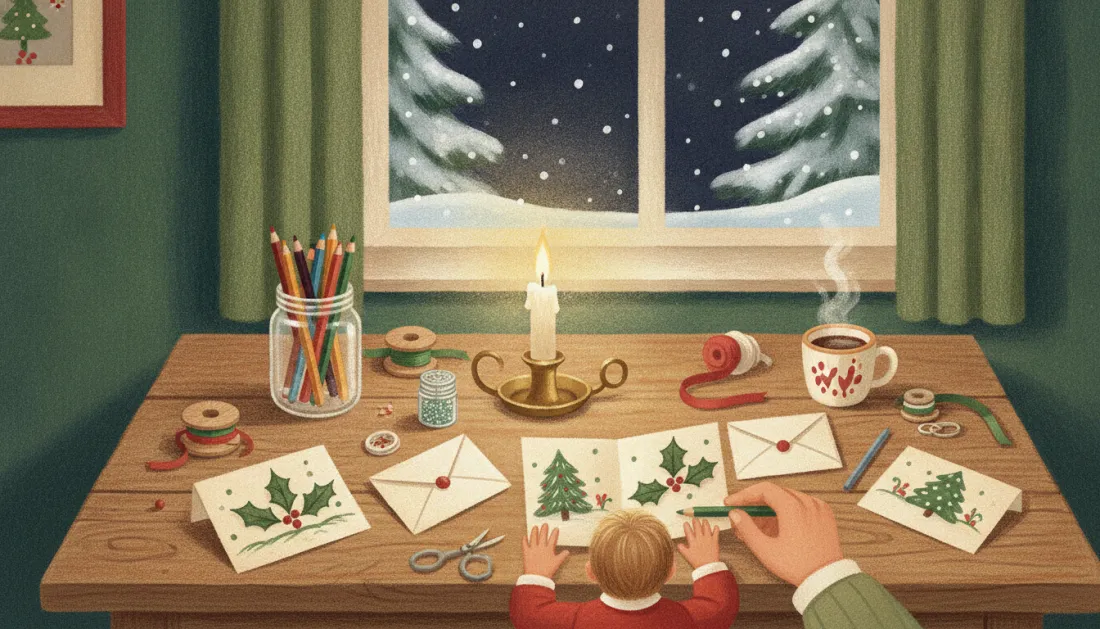 A small child in a red sweater leans on a wooden table covered in homemade Christmas cards while a grown-up's hand draws holly with a green pencil, beside a jar of colored pencils, a lit candle, envelopes, ribbon spools and a mug, under a snowy window