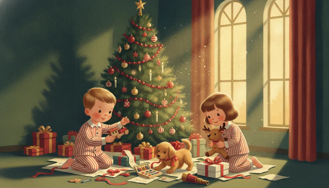 Two children in striped pajamas kneel by a decorated Christmas tree in the morning sun, one unwrapping a toy train and one hugging a toy reindeer, with a puppy in a red bow beside open presents