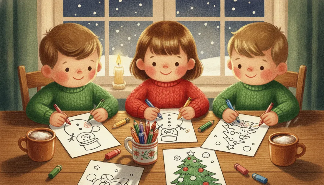 Three children in knit sweaters, two green and one red, color Christmas pictures of a snowman and a Christmas tree with crayons at a wooden table, with a mug of crayons in the middle, two mugs of cocoa and a candle glowing in the snowy window