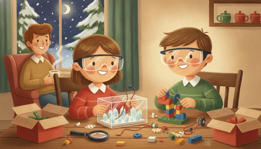 A girl and a boy in safety goggles work at a wooden table, she with a clear box of crystals wired to small parts and he with a colorful brick machine full of gears, among open red gift boxes and a magnifying glass, while a grown-up with a mug smiles from an armchair and snow falls past the window