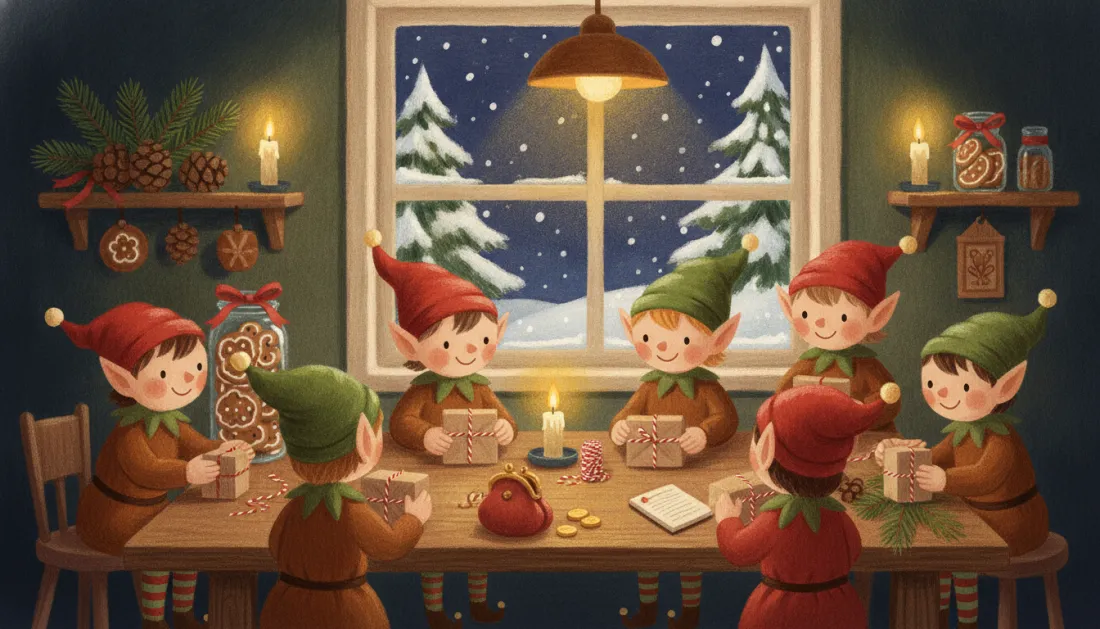 Seven elves in red and green pointed hats wrap small presents in brown paper and red and white string at a wooden table by a snowy window, with a candle, a jar of gingerbread cookies and a little red purse on the table