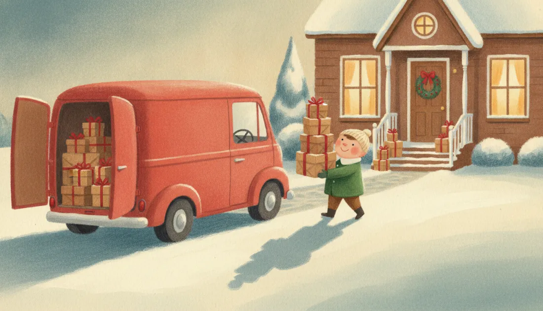 A boy in a green coat carries a stack of ribboned parcels from an open red delivery van toward a brick house with a wreath on the door, in the snow