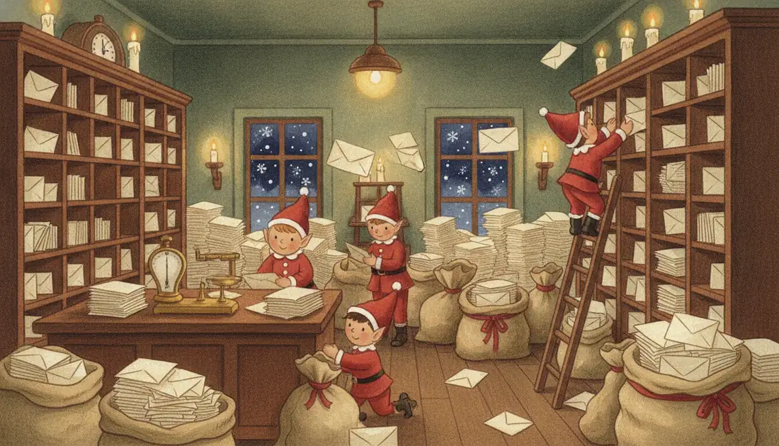 Elves sort piles of letters and mail sacks in the North Pole post office, one elf climbing a ladder to the shelves