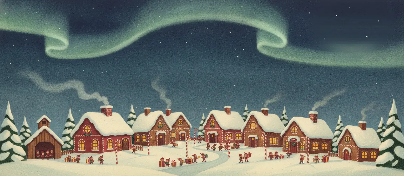 The North Pole village at night under green northern lights, with snowy cottages, the red toy workshop and elves carrying presents