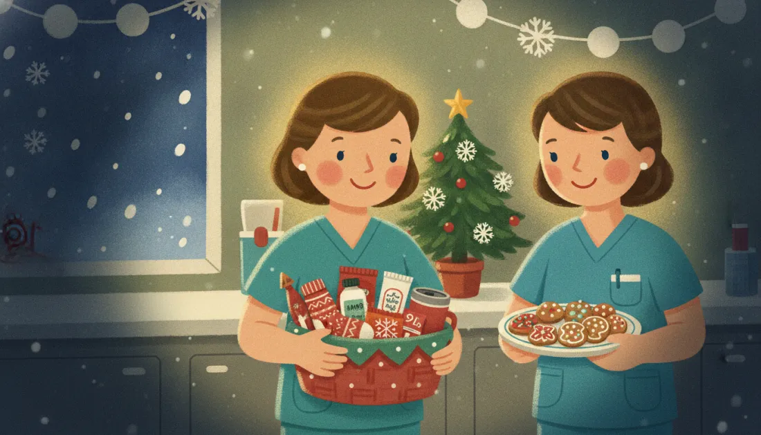 Two smiling nurses in teal scrubs stand in a hospital break room at night, one holding a red basket of socks, a tumbler, hand cream and snacks and the other a plate of decorated gingerbread cookies, by a small potted Christmas tree and snowflake garlands, with snow outside