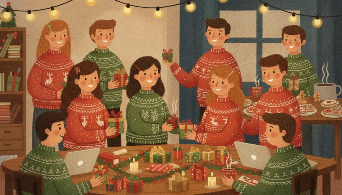 Coworkers in red and green holiday sweaters swap small wrapped gifts around an office table set with candles, cocoa mugs and gingerbread cookies