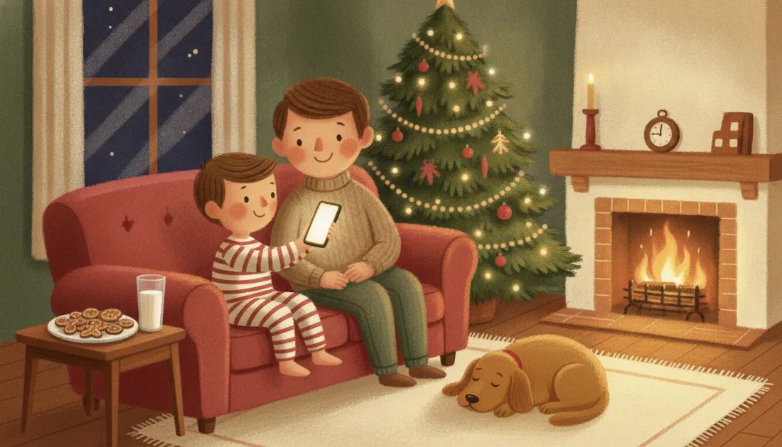 A dad and a small boy in striped pajamas smile at a glowing phone on a red sofa by the Christmas tree and the fire, while a dog naps on the rug