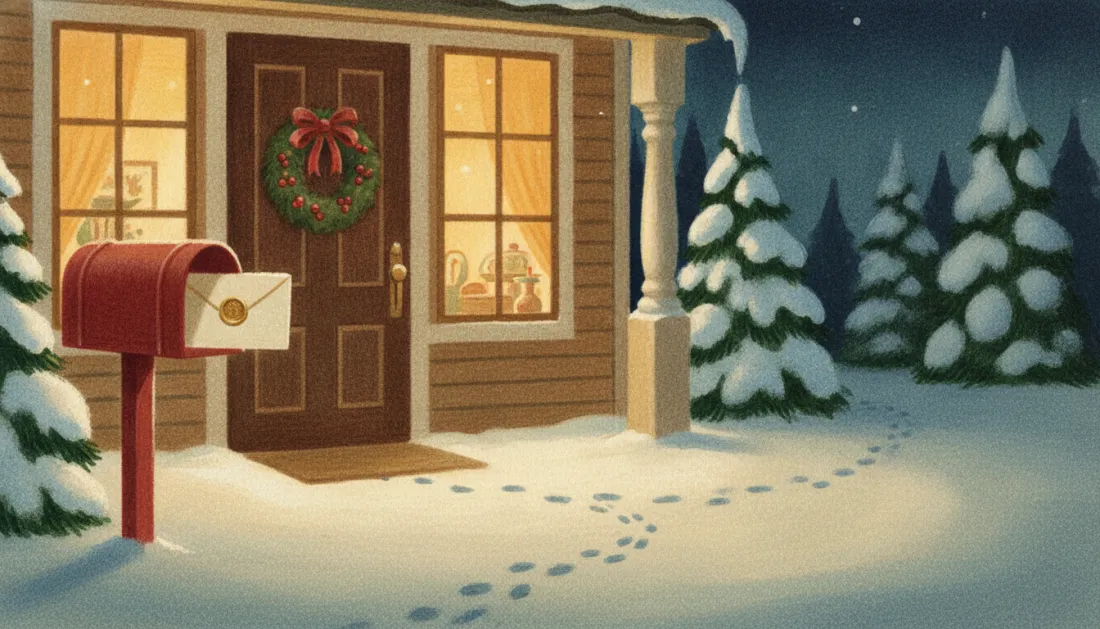 A red mailbox on a post by a snowy porch holds a cream envelope with a gold wax seal, near a front door with a wreath, as small footprints lead off into the snow
