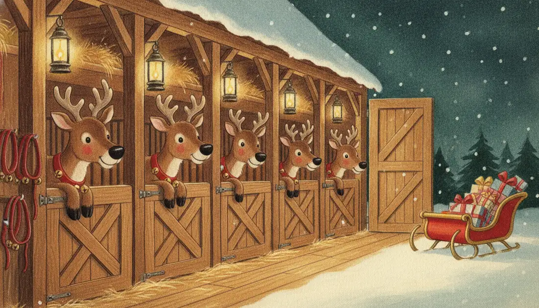 Five reindeer in jingle-bell collars lean over their stable doors under lanterns, beside a red sleigh full of presents