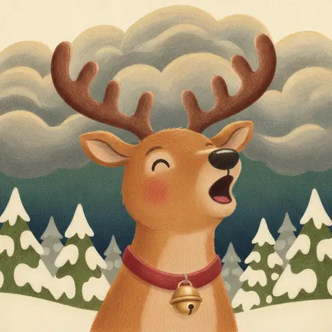 Donner, a reindeer singing loudly with its eyes shut under rolling gray clouds