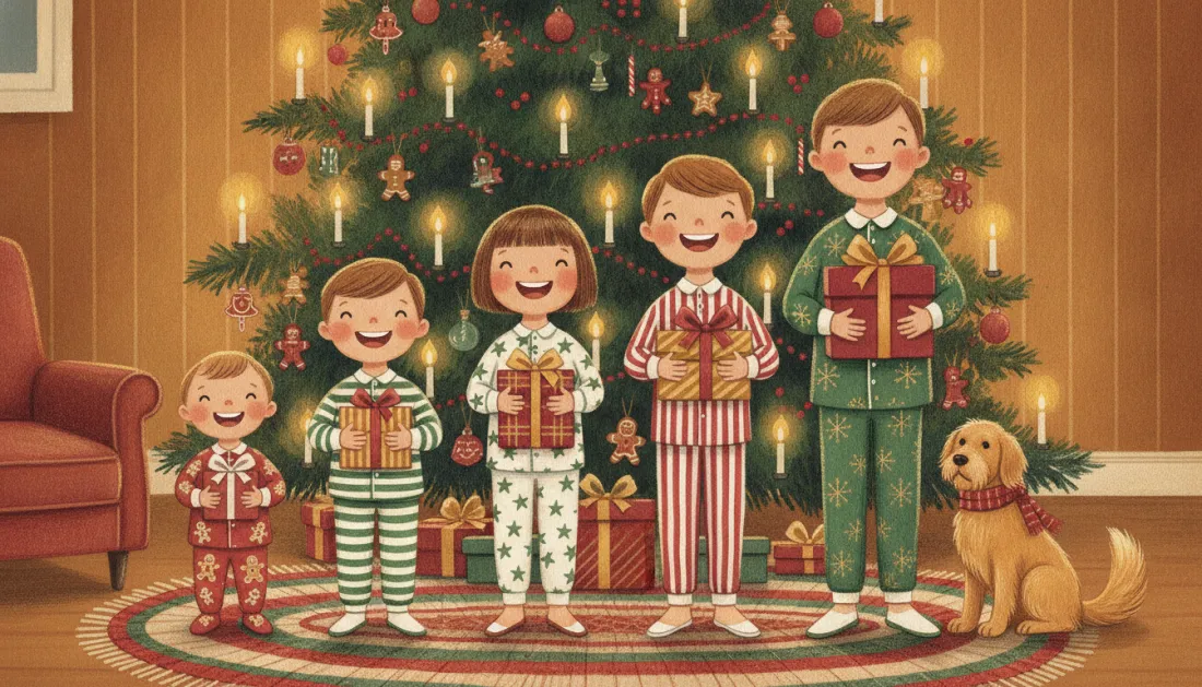 Five children in matching Christmas pajamas stand in a row from shortest to tallest in front of a candlelit tree, each holding a wrapped gift, while a golden dog in a plaid scarf sits beside the smallest