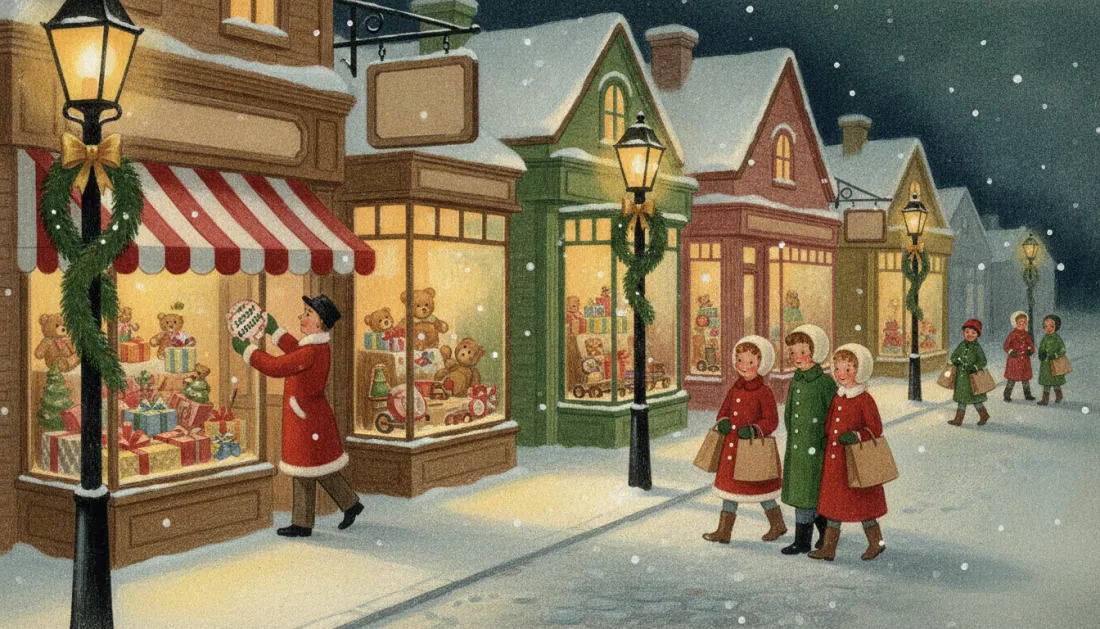 Shoppers walk down a snowy street of lit toy-shop windows at dusk, children in red and green coats carrying paper bags past lampposts wrapped in garland, while a man in a red coat hangs a sign in a shop window