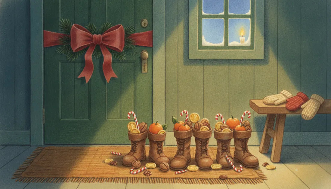 A row of five brown boots on a woven rug by a green front door with a red bow, each boot filled with an orange, walnuts, gold coins and a candy cane, with mittens drying on a bench and a candle in the snowy window