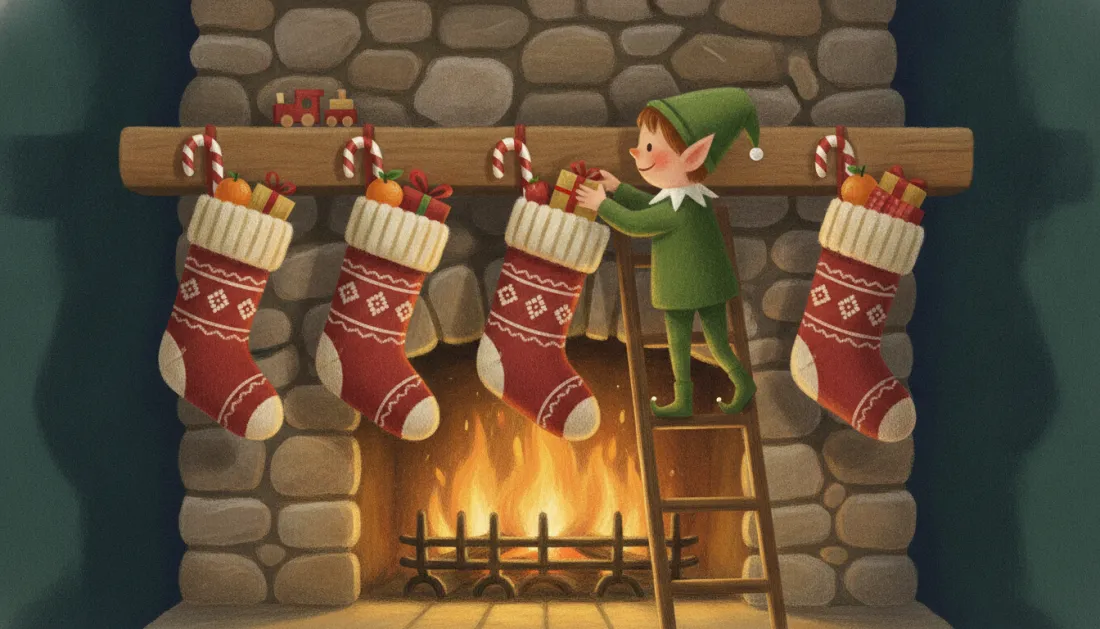 An elf in a green hat stands on a wooden ladder and tucks a small wrapped gift into one of four red knit stockings hung from a stone fireplace mantel, with oranges peeking out of the stockings, candy canes hooked on the mantel, a toy train on top and a fire burning below